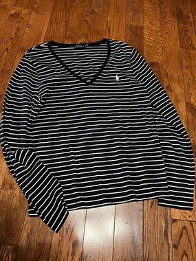 Ralph Lauren Black and White Striped V-Neck Sweater
